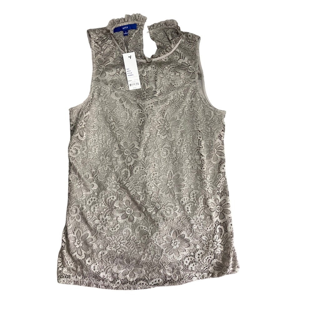 Apt. 9 Womens Taupe Floral Lace Sleeveless Ruffle Neck Blouse Classic Small NWT